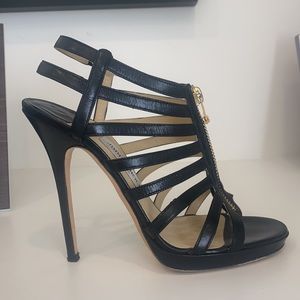 Jimmy Choo Black Leather Glenys Gladiator Heels with Gold Zipper